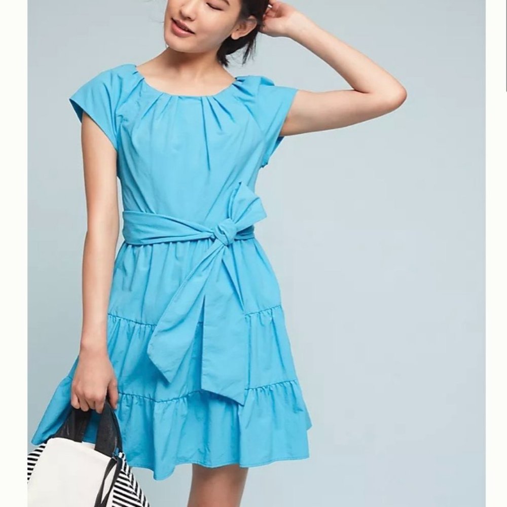Eva Franco X Anthropologie Blue Tiered Poplin Swing Dress Sz 8P